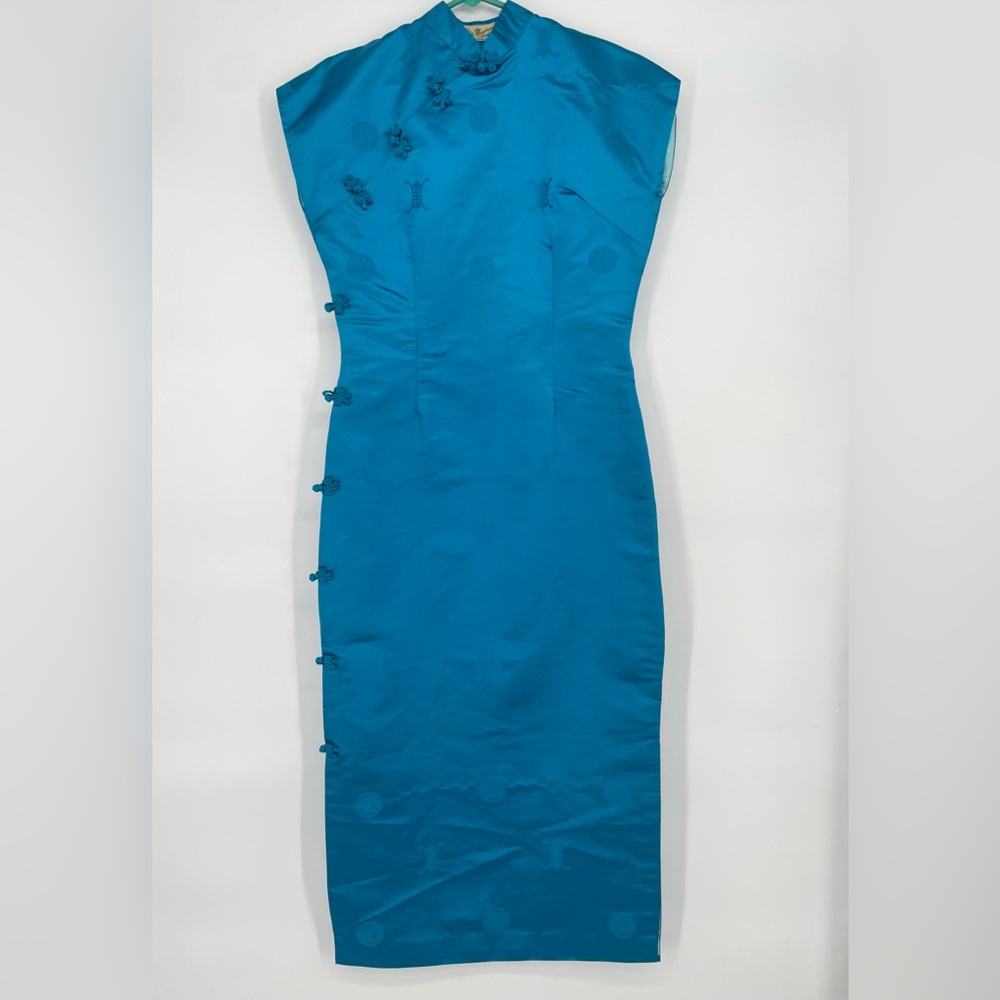 VTG 1960s Mandarin Fashions Aqua Blue Maxi Length Mid Century Cheongsam Dress - Picture 2 of 14